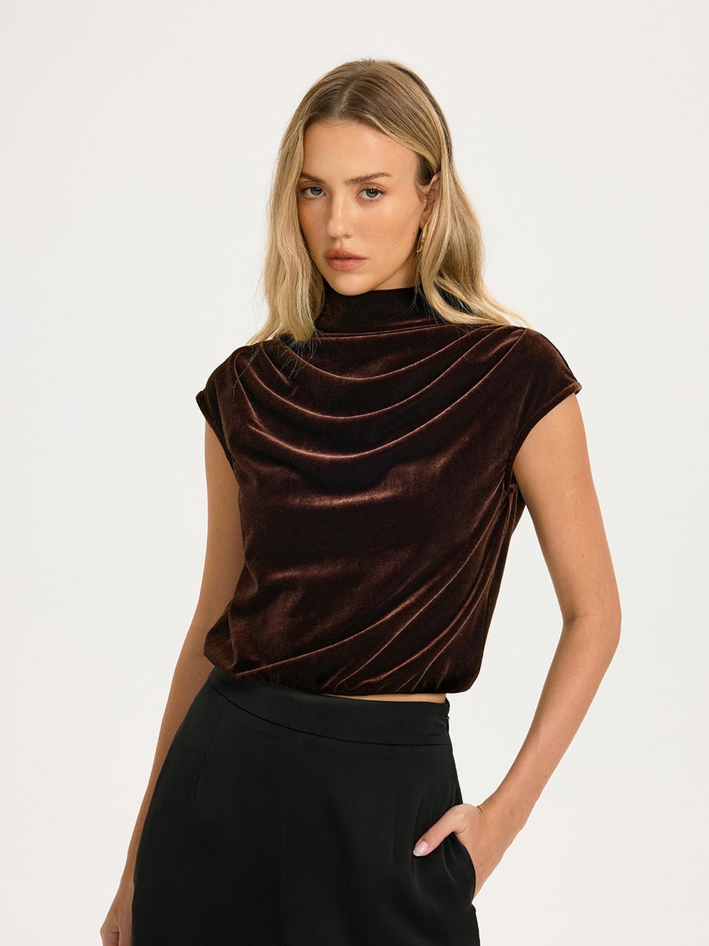 Commense Velvet Draped Mock Neck crop Top - Brown
